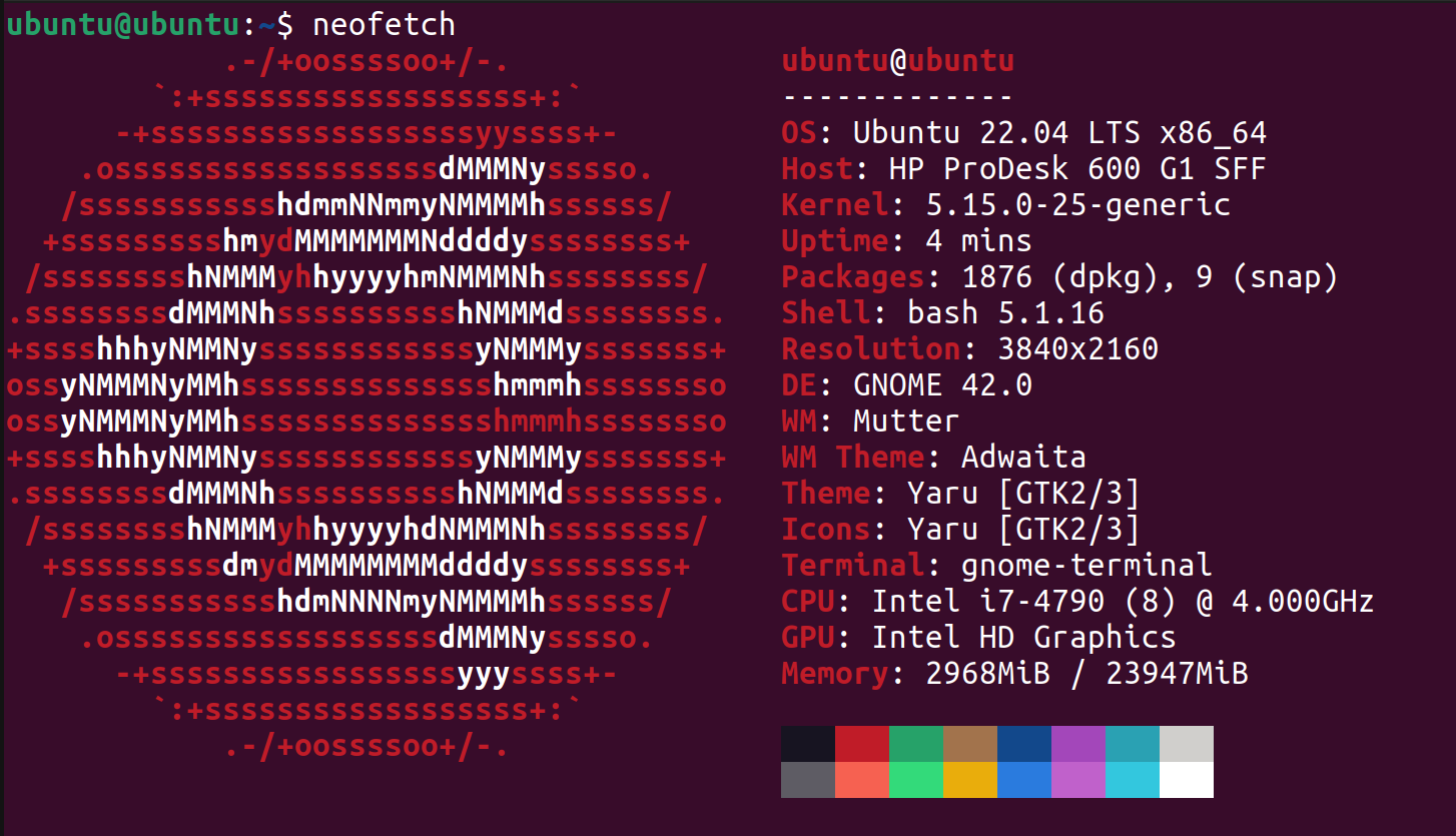 a screenshot of neofetch showing a pc with an i7-4790 and 26GB of ram