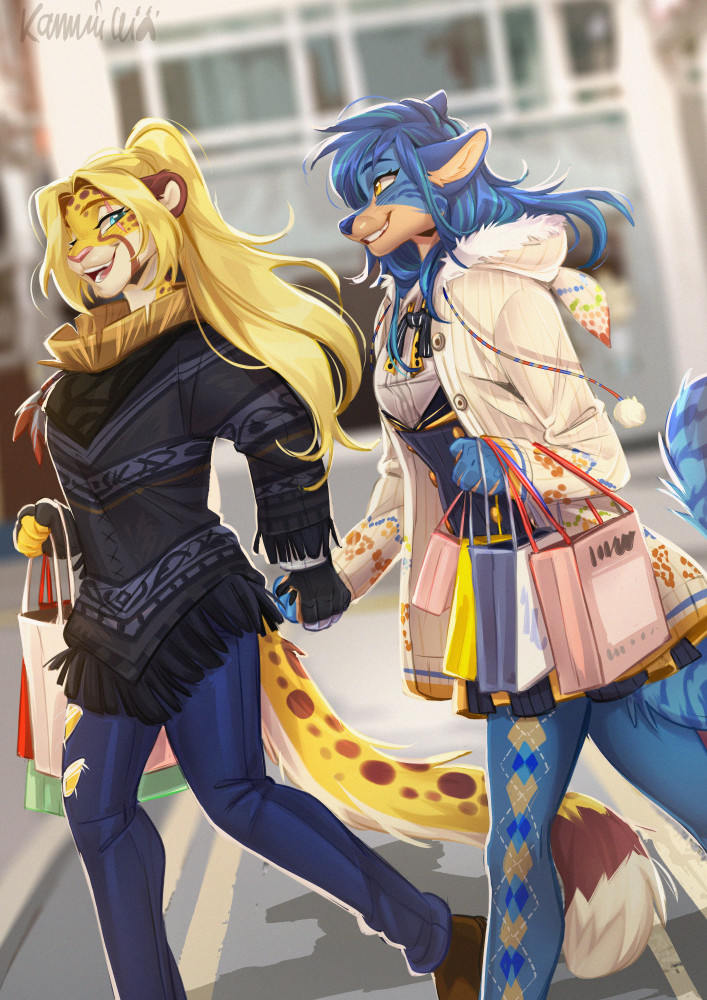 Two furries (one cheetah, and the other a tiger-vixen hybrid) are holding hands as they cross the image, shopping bags in their other arms. Both of them are wearing comfortable but fashionable clothing.