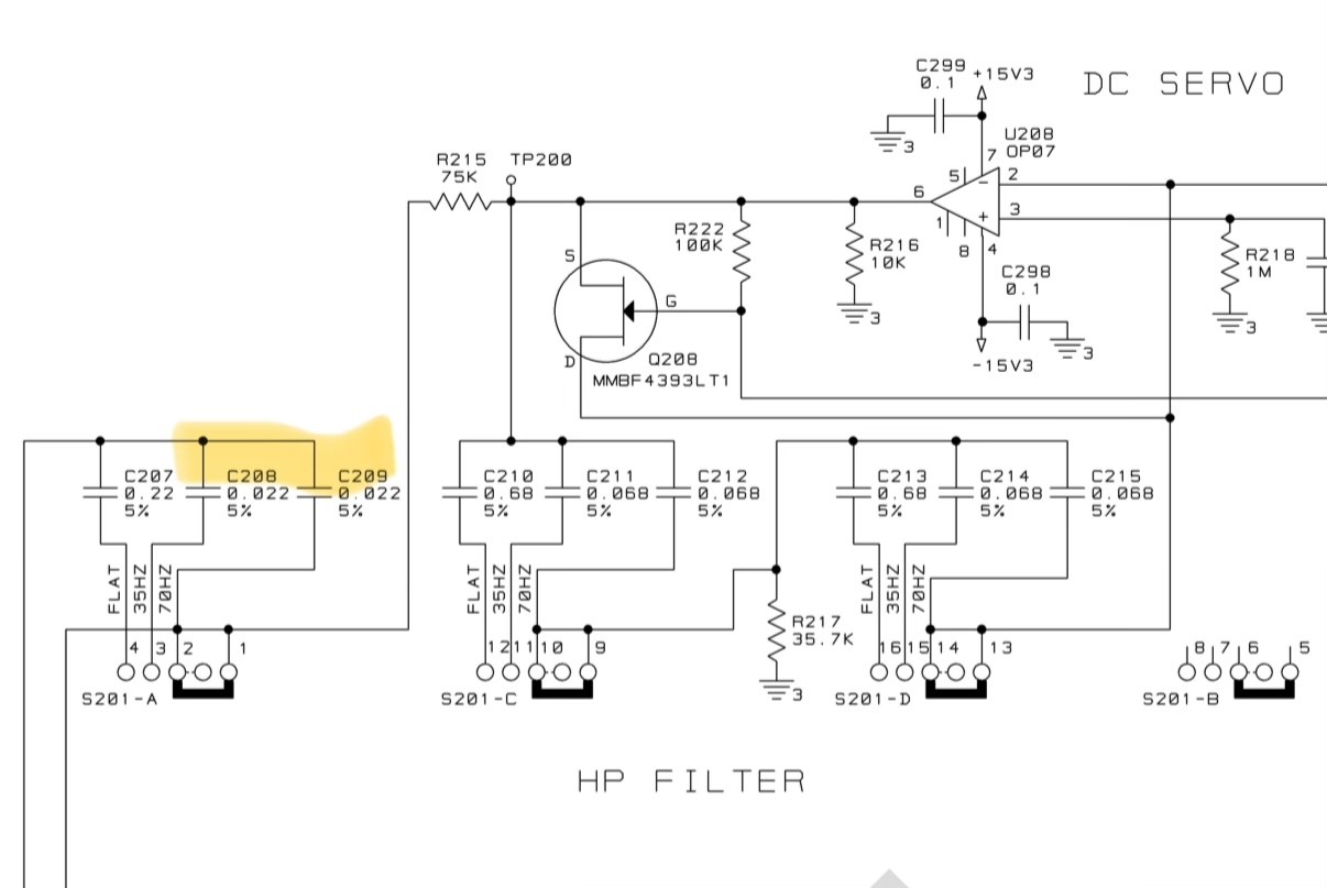 Schematic diagram showing a switch, caps, opamps etc in a high pass filter